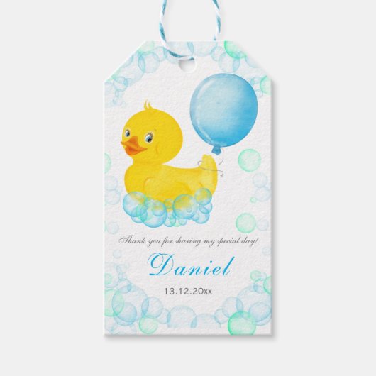 Rubber Ducky Boy First Birthday Bedankt Labels Cadeaulabel (Voorkant)