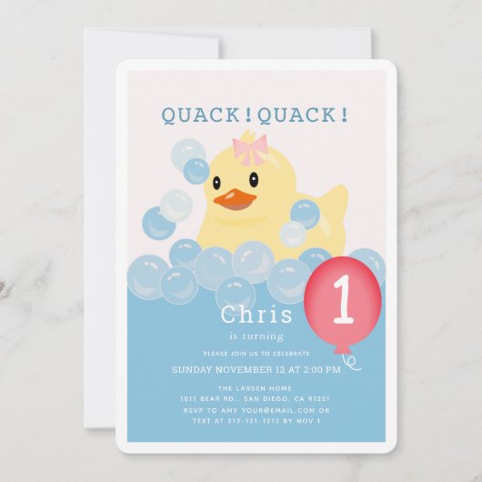 Rubber Ducky Roze Meisje 1e Verjaardag Kaart (Voorkant)