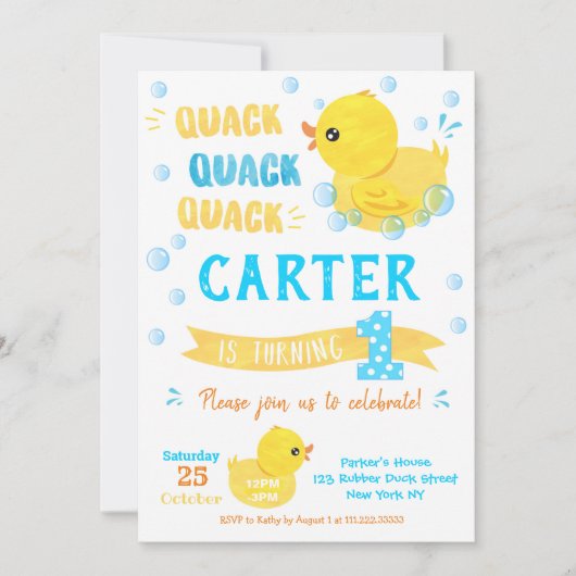 Rubber Eend Eerste Verjaardag Uitnodigingen (Voorkant)