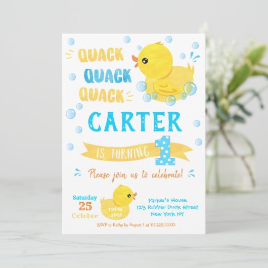 Rubber Eend Eerste Verjaardag Uitnodigingen (Staand voorkant)