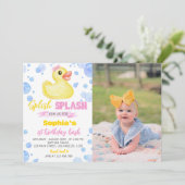Rubber eend meisje 1e verjaardag uitnodiging (Staand voorkant)