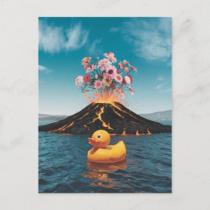 Rubber eend surrealistische vulkaan roze bloemen briefkaart