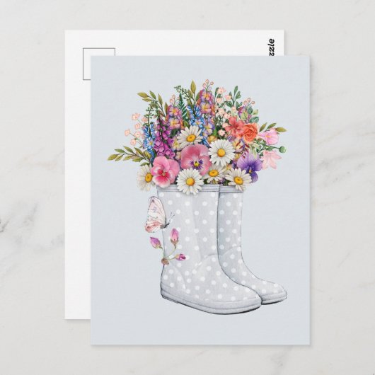 Rubber laarzen kunst met bloemenboeket briefkaart (Voorkant / Achterkant)