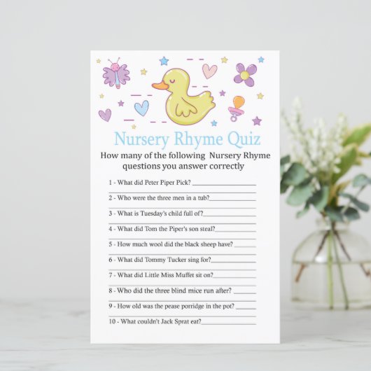 Rubbereend Nursery Rhyme Quiz baby shower game (Staand voorkant)