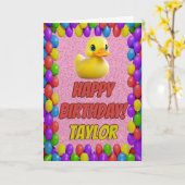 Rubberen eend gepersonaliseerde leuke groet verjaa kaart (Gele Bloem)