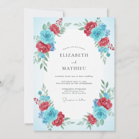 Ruby Azure Ranunculus Eucalyptus Bruiloft Kaart (Voorkant)