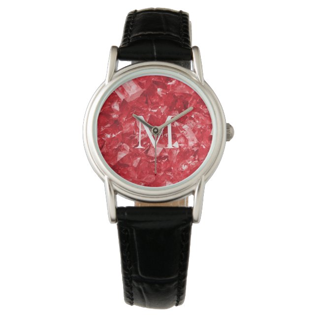 Ruby Birthstone Monogram Persoonlijke naam Horloge (Voorkant)