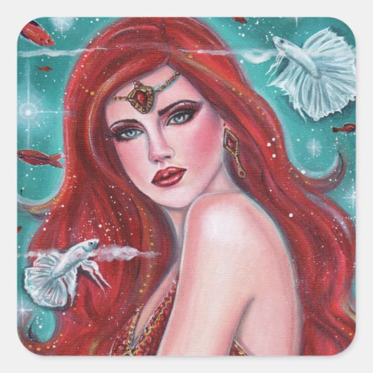 Ruby Carmina mermaid met witte bettas fantasy art Vierkante Sticker (Voorkant)