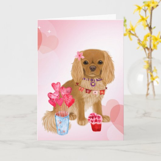 Ruby Cavalier King Charles Spaniel Valentijn Kaart (Gele Bloem)