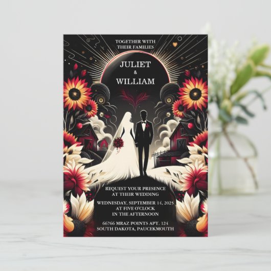 Ruby Dikke Claret Wit Hart Rood Zwart Bruiloft Kaart (Staand voorkant)