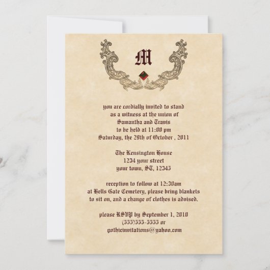 Ruby en Gold Monogram Gothic Invitation Kaart (Voorkant)