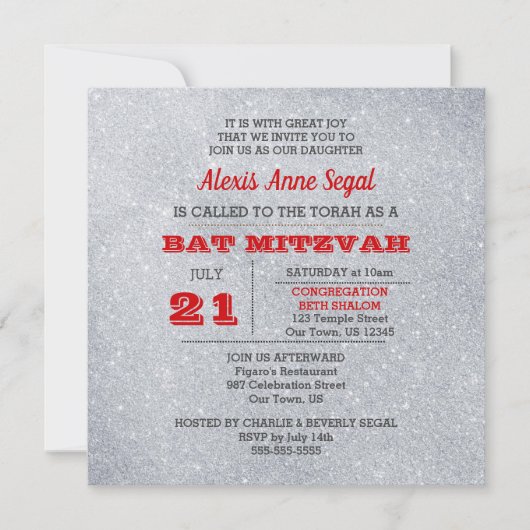 Ruby en Silver Glitter Glam Bat Mitswa Kaart (Voorkant)