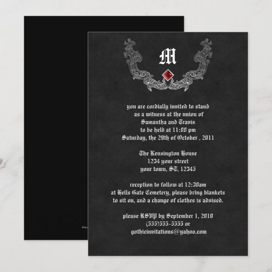 Ruby et argent Monogramme Invitation gothique (Devant / Derrière)