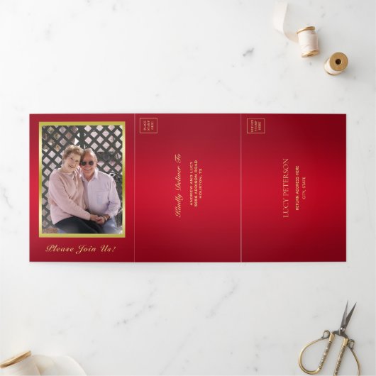 Ruby, Gouden Foto, QR Code 50ste bruiloft Jubileum Drieluik Uitnodiging (Buitenkant)