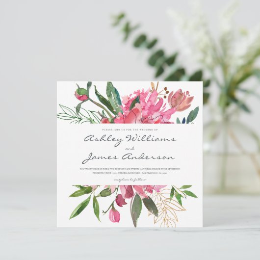 Ruby Peony Floral Faire-part de mariage | CARRÉ (Debout devant)