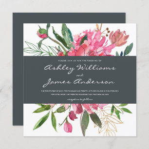 Ruby Peony Floral Wedding Invitation   Vierkant Kaart