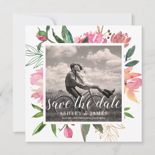 Ruby Pink Peony Botanical Photo Save the Date Kaart (Voorkant)