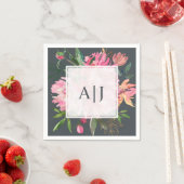 Ruby Pink Peony Floral Botanical Monogram Servet (Insitu)