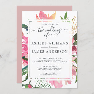 Ruby Pink Peony Floral Botanical Wedding Kaart