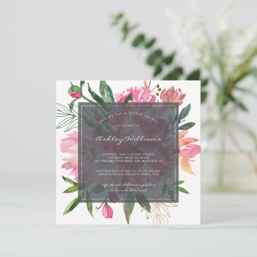 Ruby Pink Peony Floral Bridal Shower Invitation (Debout devant)