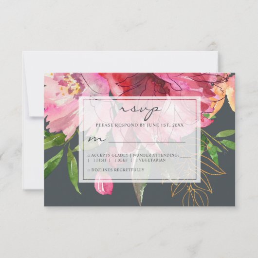 Ruby Pink Peony Floral Wedding RSVP Kaartje (Voorkant)