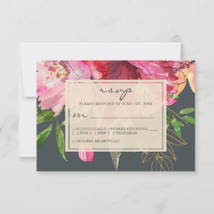 Ruby Pink Peony Ivory Floral Wedding RSVP Kaartje