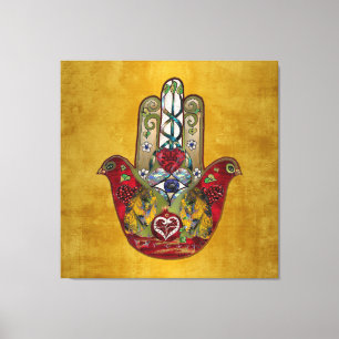 Ruby Pomegranate Heart Red Bird Hamsa Canvas Afdruk