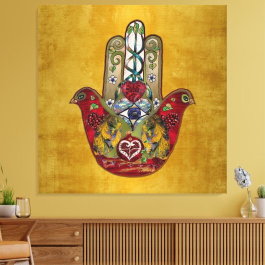 Ruby Pomegranate Heart Red Bird Hamsa Canvas Afdruk (Insitu (Woonkamer))