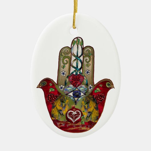 Ruby Pomegranate Heart Red Bird Hamsa Keramisch Ornament (Voorkant)
