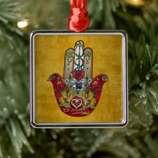 Ruby Pomegranate Heart Red Bird Hamsa Metalen Ornament (Boom)