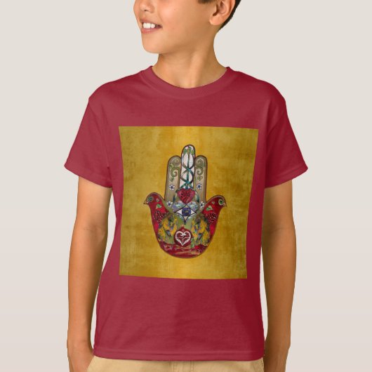 Ruby Pomegranate Heart Red Bird Hamsa T-shirt (Voorkant)