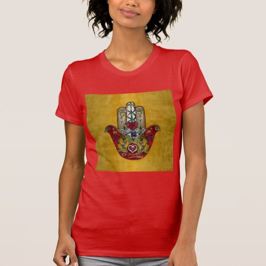 Ruby Pomegranate Heart Red Bird Hamsa T-shirt (Voorkant)