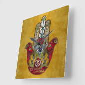 Ruby Pomegranate Heart Red Bird Hamsa Vierkante Klok (Hoek)