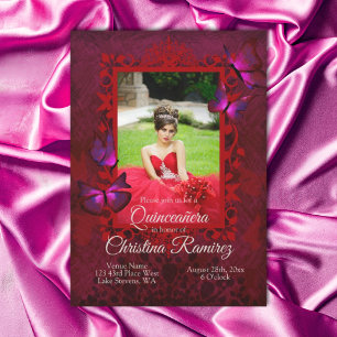 Ruby Red, Antique Papillon Quinceanera Invitation