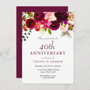 Ruby Red Burgundy Floral 40th Wedding Jubileum Kaart