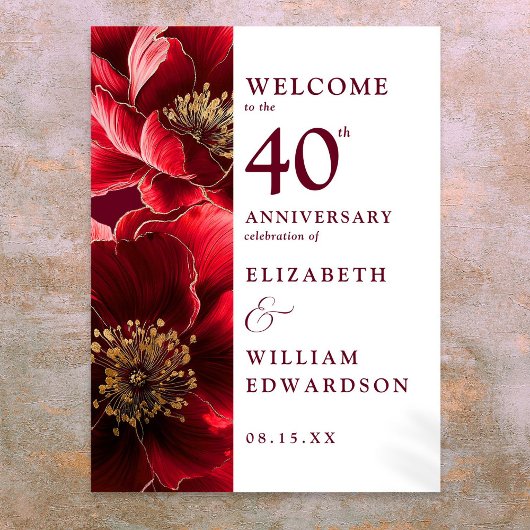 Ruby Red Chic Floral Affiche de bienvenue du 40e a