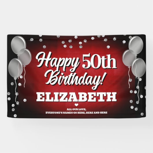 Ruby Red en Silver Happy Birthday Banner (Horizontaal)