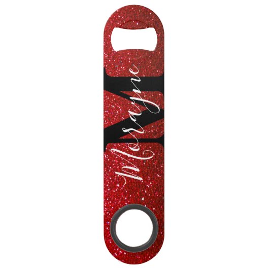 Ruby Red Faux Glitter Zwart Wit Monogram Naam Speed Flessenopener (Achterkant)