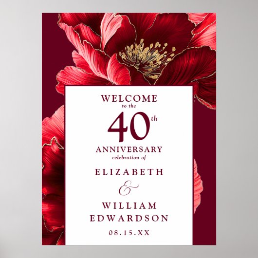Ruby Red Floral Affiche de bienvenue du 40e annive (Devant)