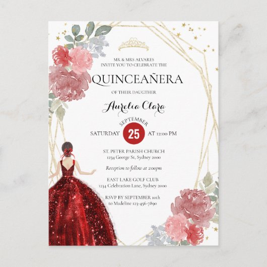 Ruby Red Floral Geometrique Quinceañera Invitation (Devant)