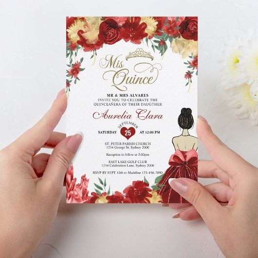 Ruby Red Floral Prinses Mis Quince Quinceañera Kaart