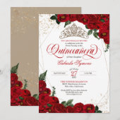 Ruby Red Floral Roos & Gold Elegant Quinceañera Kaart (Voorkant / Achterkant)