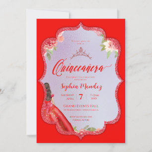 Ruby Red Floral Waterverf Quinceanera Kaart