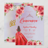 Ruby Red Floral Waterverf Quinceanera Kaart (Voorkant / Achterkant)