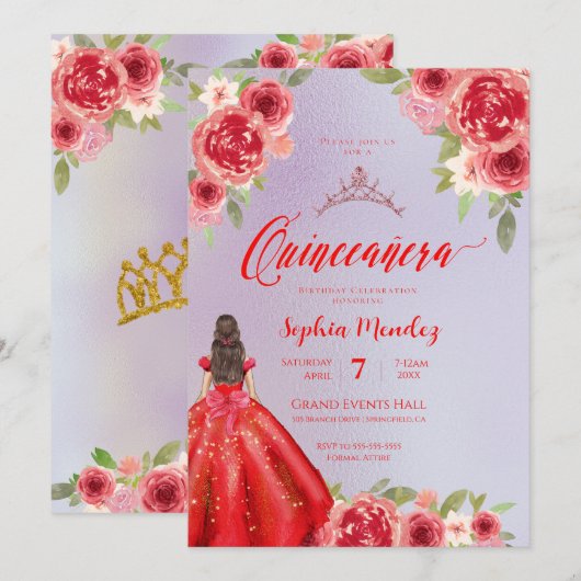 Ruby Red Floral Waterverf Quinceanera Kaart (Voorkant / Achterkant)
