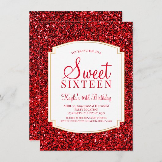 Ruby Red Glitter Sweet 16 Uitnodigingen (Voorkant / Achterkant)