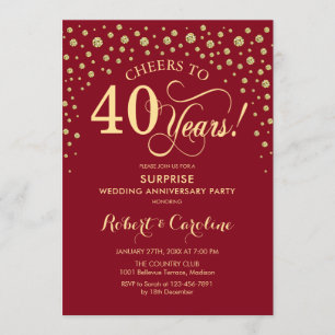 Ruby Red Gold Surprise 40th Anniversary Party Kaart