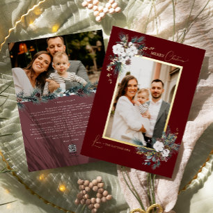 Ruby Red Greenery Vintage Kerstmis Twee Foto Folie Feestdagenkaart