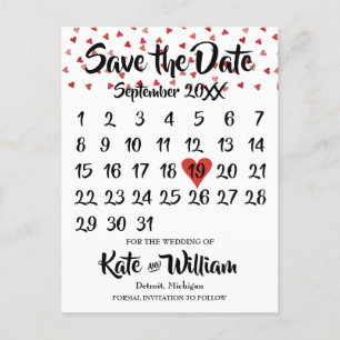 Ruby Red Love Heart Calendar Save the Date Aankondigingskaart