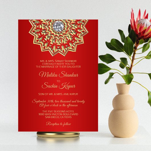 Ruby RED Mandala Gold Indian Wedding Invitations Kaart